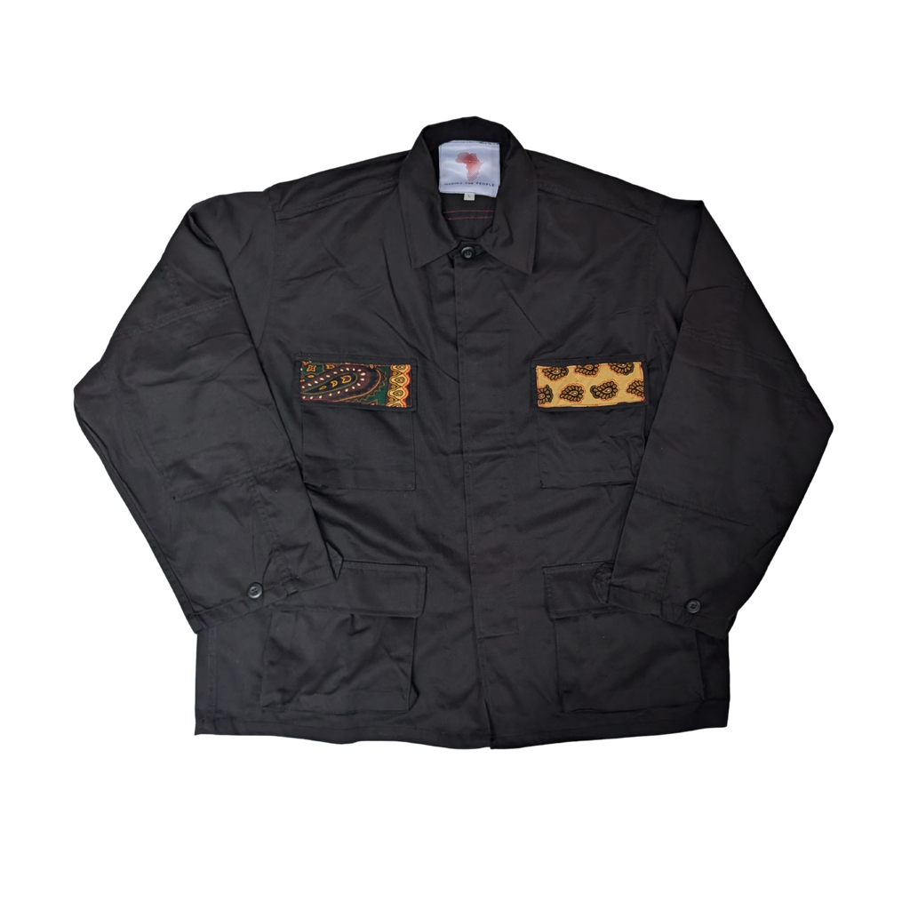 VESTE CHEMISE MILITAIRE NOIRE PAISLEY VERT & JAUNE